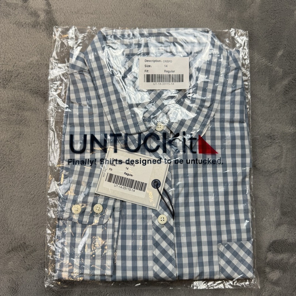 Untuckit Shirt Womens‎ Size 14 Blue White Checkered Crispo Regular Button Up NEW